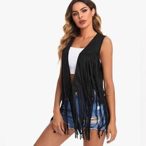 Verdusa Women's Tassel Sleeveless Vest 70s Hippie Faux Suede Fringe size Medium